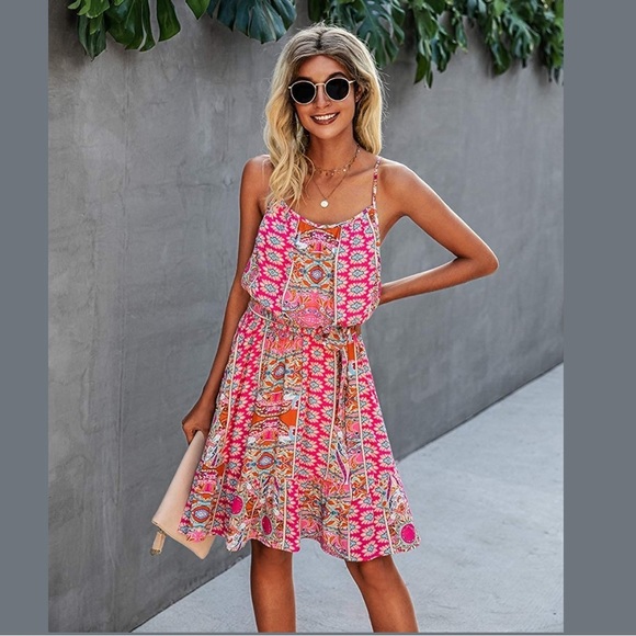 PRETTYGARDEN Dresses & Skirts - Prettygarden Spaghetti Strap Pink Floral Crewneck Ruffle Mini Dress Size Large